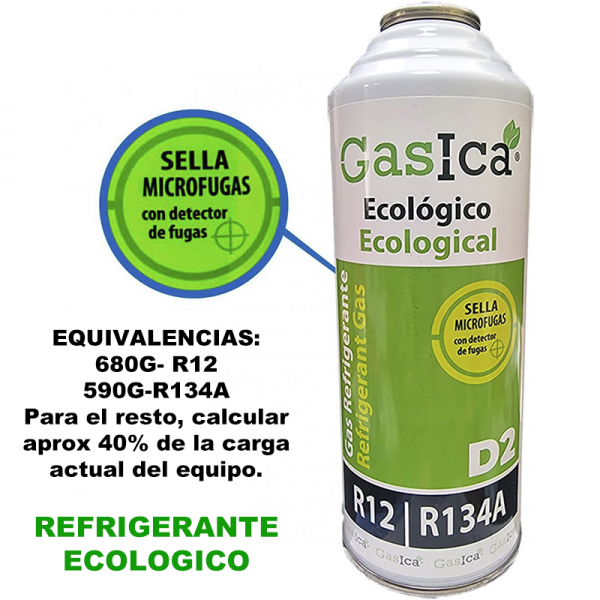 1 Botella Gas Ecologico Gasica D2 226g + Valvula + Manguera Sustituto R12, R134A Freeze Organico