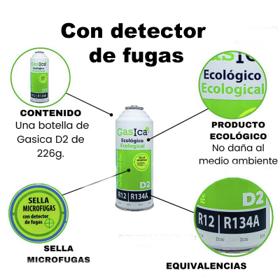 3 Botellas Gas Ecologico Gasica D2 226g + Manguera + Valvula Sustituto R12, R134A Freeze Organico