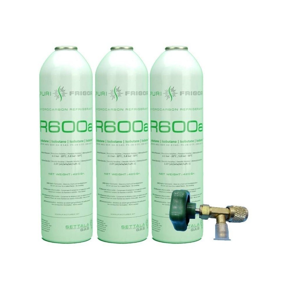 3 Botellas Gas Refrigerante R600a + Valvula 420Gr Isobutano Freeze
