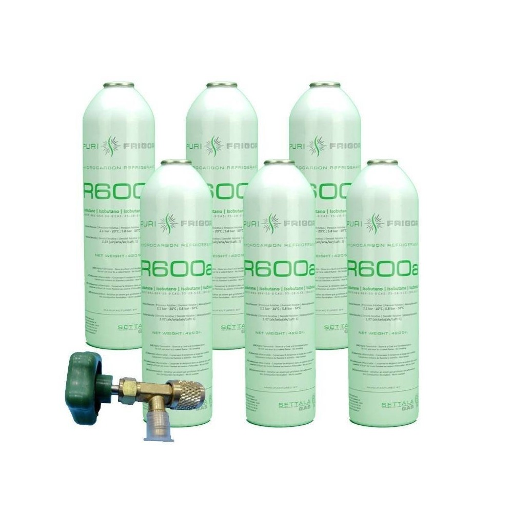 6 Botellas Gas Refrigerante R600a + Valvula 420Gr Isobutano Freeze