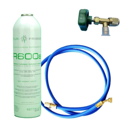 1 Botella Gas Refrigerante R600a + Manguera + Valvula 420Gr Isobutano Freeze