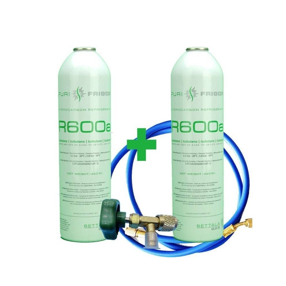 2 Botellas Gas Refrigerante R600a + Manguera + Valvula 420Gr Isobutano Freeze