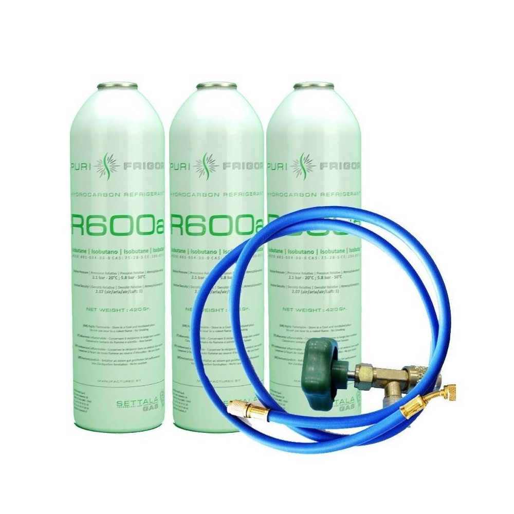 3 Botellas Gas Refrigerante R600a + Manguera + Valvula 420Gr Isobutano Freeze