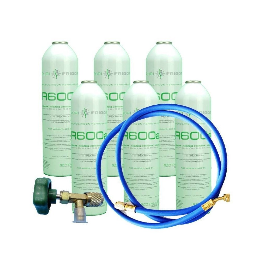 6 Botellas Gas Refrigerante R600a + Manguera + Valvula 420Gr Isobutano Freeze