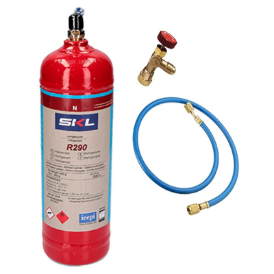 1 Botella Gas Refrigerante R290 + Manguera + Valvula 370Gr Propano Freeze Organico
