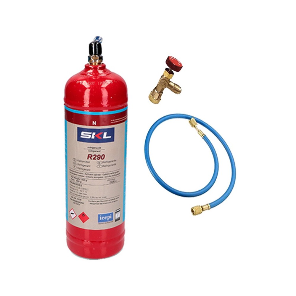 1 Botella Gas Refrigerante R290 + Manguera + Valvula 370Gr Propano Freeze Organico