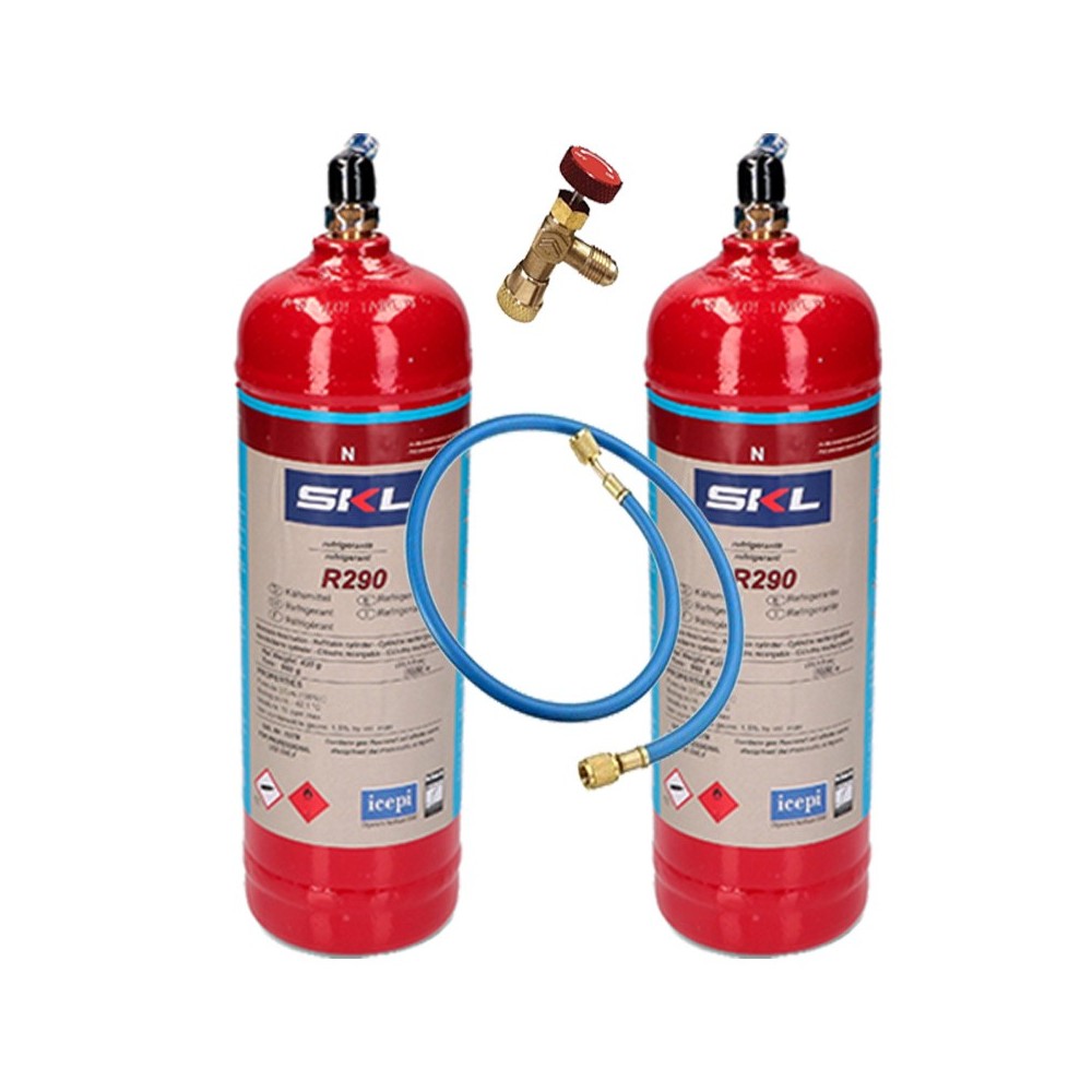 2 Botellas Gas Refrigerante R290 + Manguera + Valvula 370Gr Propano Freeze Organico