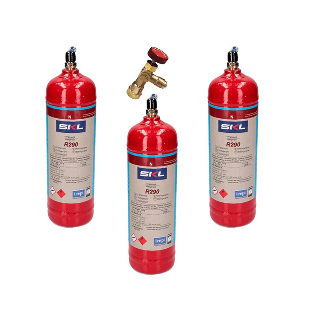 3 Botellas Gas Refrigerante R290 + Valvula 370Gr Propano Freeze Organico
