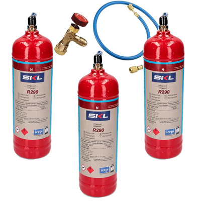 3 Botellas Gas Refrigerante R290 + Manguera + Valvula 370Gr Propano Freeze Organico