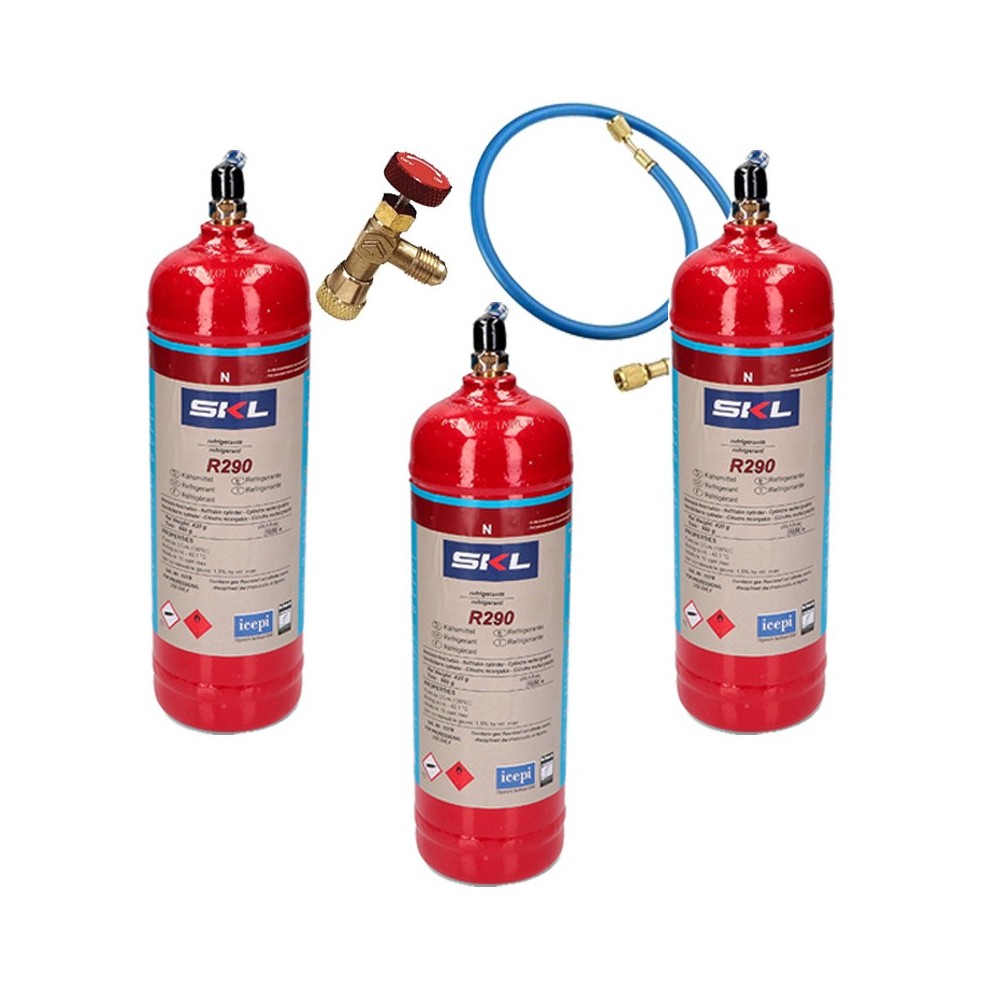3 Botellas Gas Refrigerante R290 + Manguera + Valvula 370Gr Propano Freeze Organico