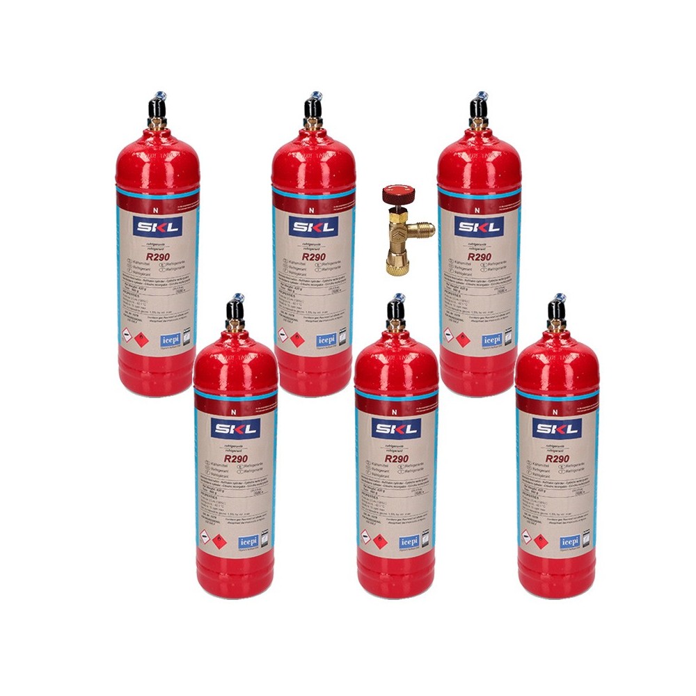 6 Botellas Gas Refrigerante R290 + Valvula 370Gr Propano Freeze Organico