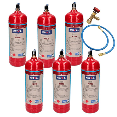 6 Botellas Gas Refrigerante R290 + Manguera + Valvula 370Gr Propano Freeze Organico
