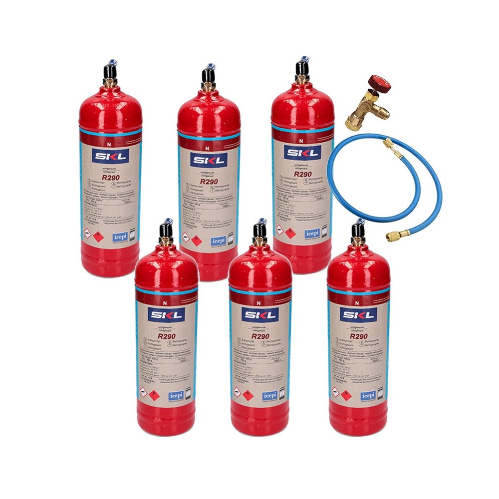 6 Botellas Gas Refrigerante R290 + Manguera + Valvula 370Gr Propano Freeze Organico