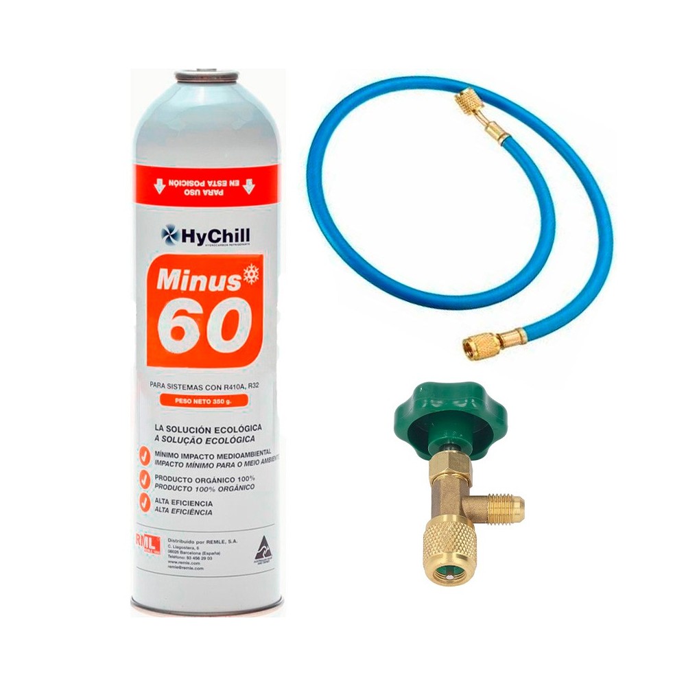 1 Botella Gas Minus 60 350Gr + Valvula + Manguera Sustituto R32, R410A Freeze Organico