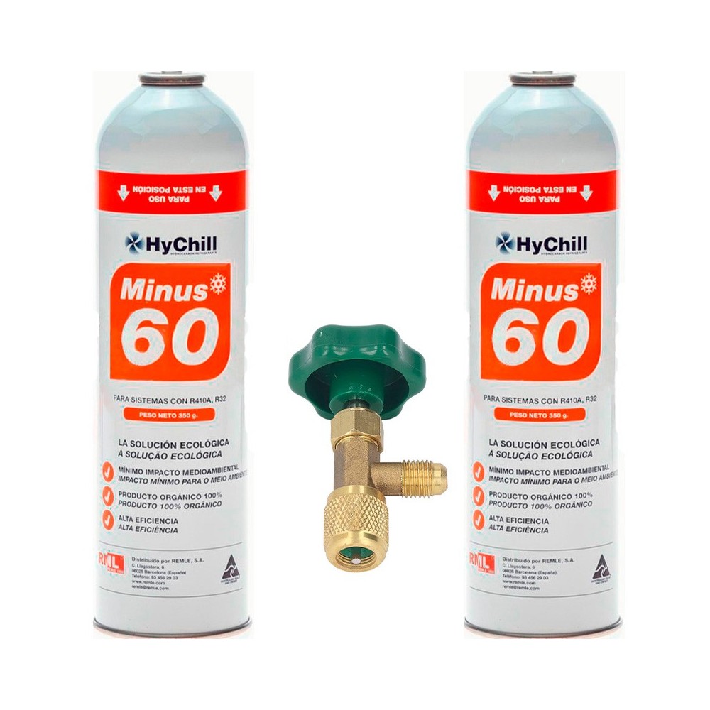2 Botellas Gas Minus 60 350Gr + Valvula Sustituto R32, R410A Freeze Organico