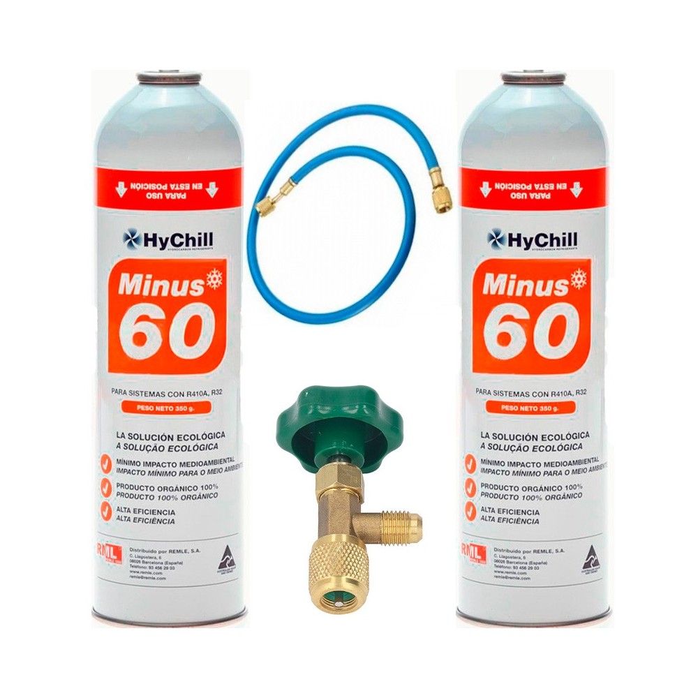 2 Botellas Gas Minus 60 350Gr + Valvula + Manguera Sustituto R32, R410A Freeze Organico