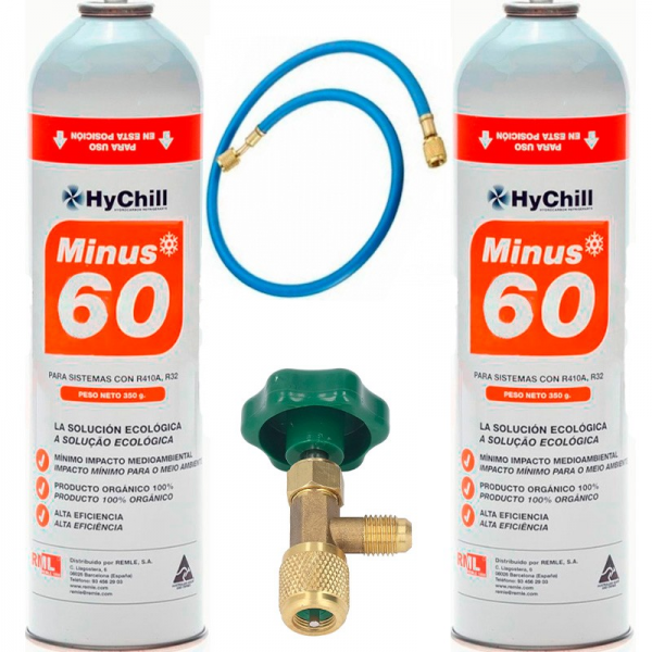 2 Botellas Gas Minus 60 350Gr + Valvula + Manguera Sustituto R32, R410A Freeze Organico