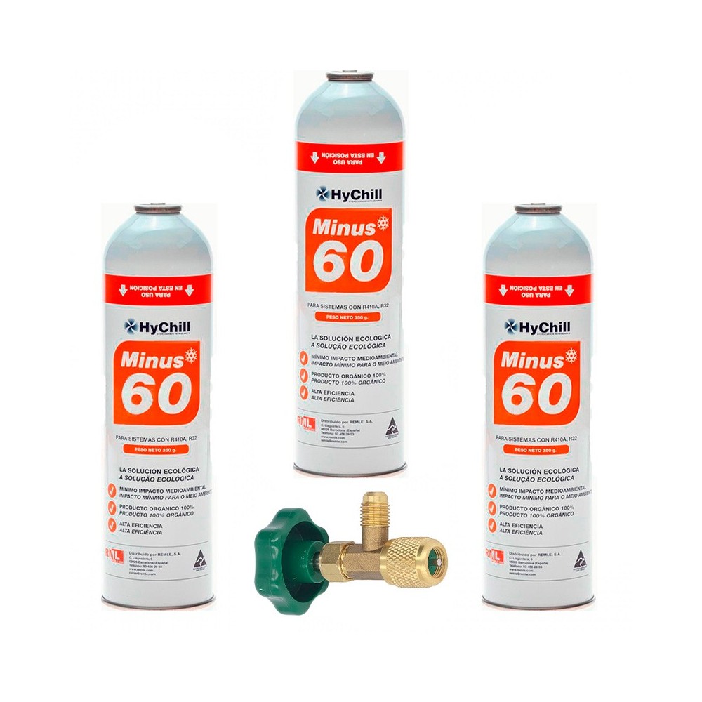 3 Botellas Gas Minus 60 350Gr + Valvula Sustituto R32, R410A Freeze Organico