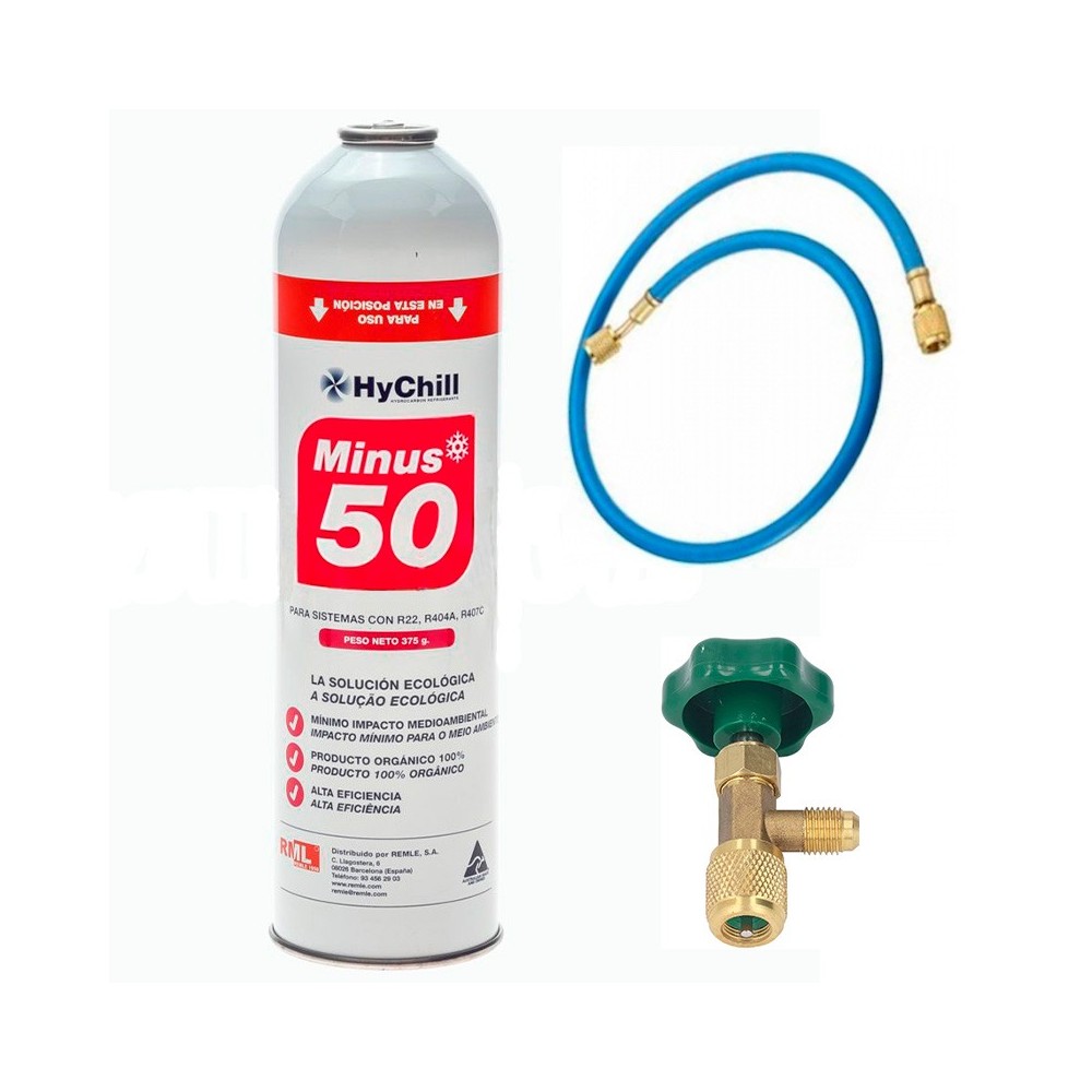 1 Botella Gas Minus 50 375Gr + Valvula + Manguera Sustituto R22 R404a R407C R502 Freeze Organico
