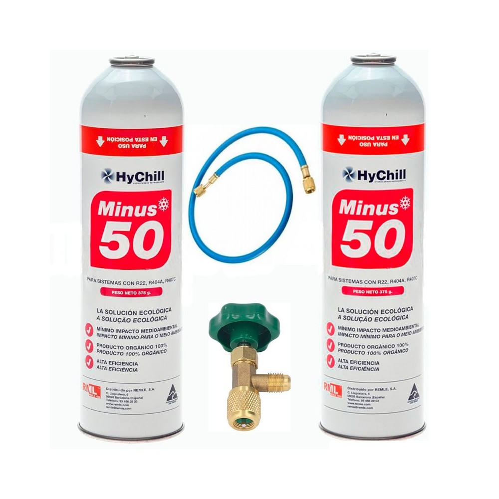 2 Botellas Gas Minus 50 375Gr + Valvula + Manguera Sustituto R22 R404a R407C R502 Freeze Organico