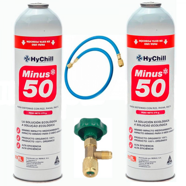 2 Botellas Gas Minus 50 375Gr + Valvula + Manguera Sustituto R22 R404a R407C R502 Freeze Organico