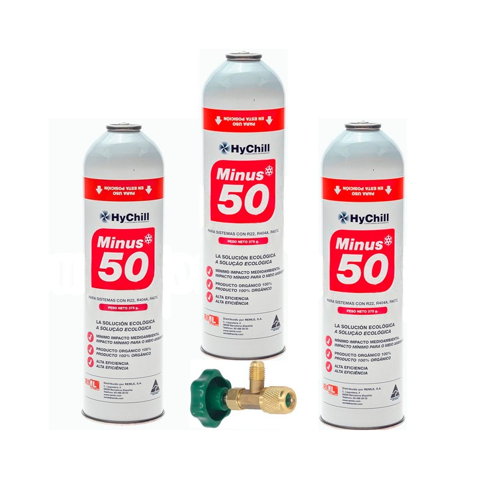 3 Botellas Gas Minus 50 375Gr + Valvula Sustituto R22 R404a R407C R502 Freeze Organico