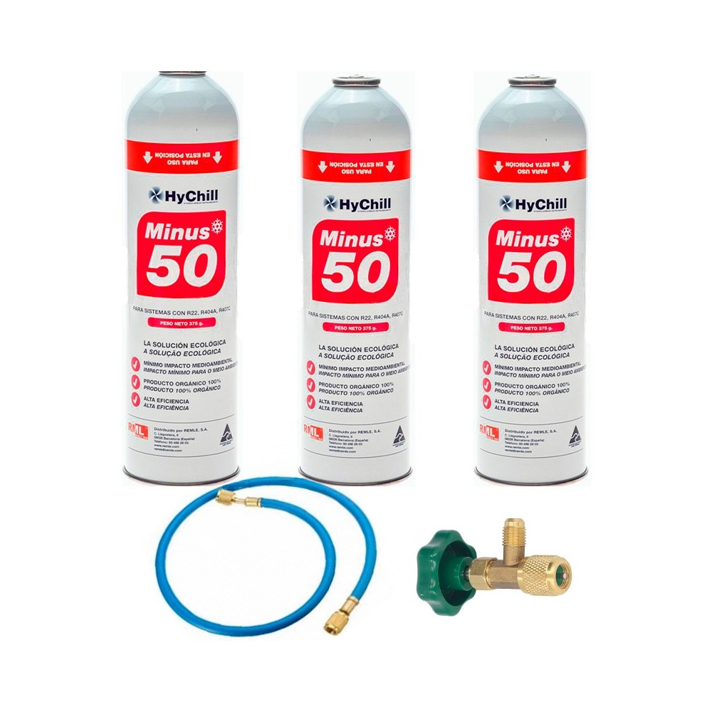 3 Botellas Gas Minus 50 375Gr + Valvula + Manguera Sustituto R22 R404a R407C R502 Freeze Organico