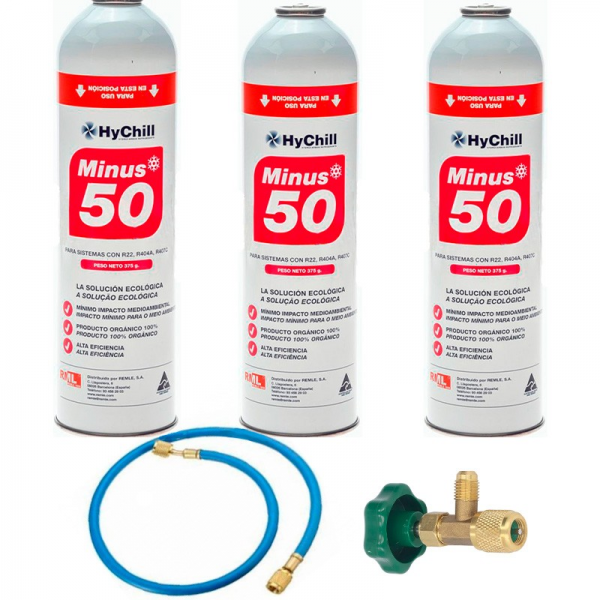 3 Botellas Gas Minus 50 375Gr + Valvula + Manguera Sustituto R22 R404a R407C R502 Freeze Organico