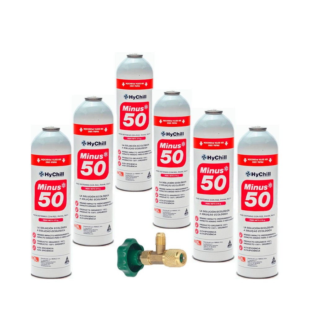 6 Botellas Gas Minus 50 375Gr + Valvula Sustituto R22 R404a R407C R502 Freeze Organico