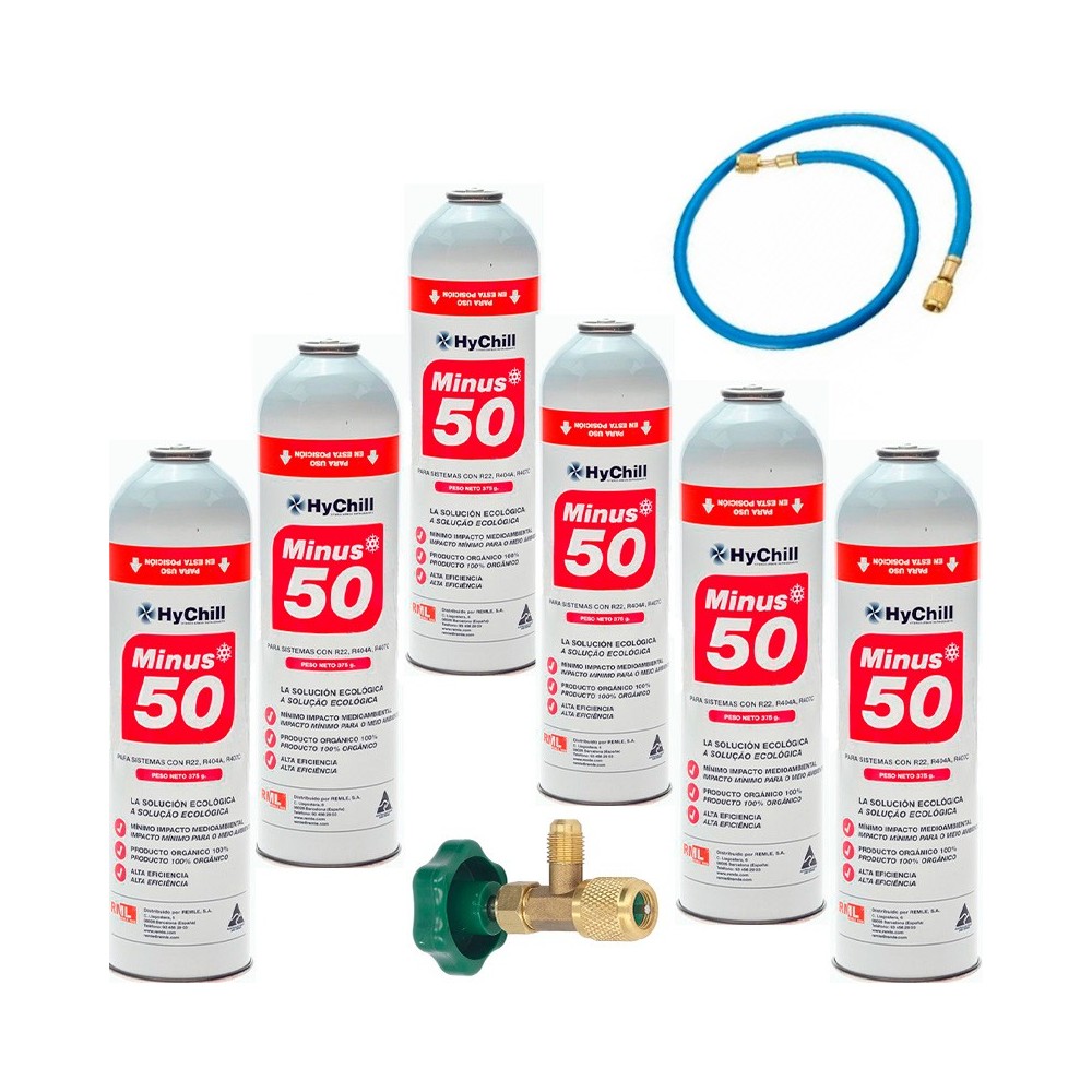 6 Botellas Gas Minus 50 375Gr + Valvula + Manguera Sustituto R22 R404a R407C R502 Freeze Organico