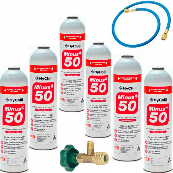 6 Botellas Gas Minus 50 375Gr + Valvula + Manguera Sustituto R22 R404a R407C R502 Freeze Organico