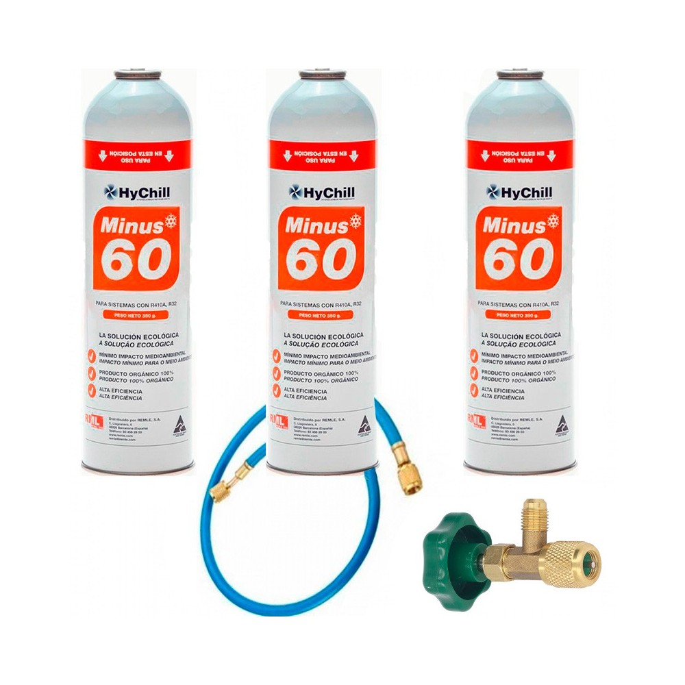3 Botellas Gas Minus 60 350Gr + Valvula + Manguera Sustituto R32, R410A Freeze Organico