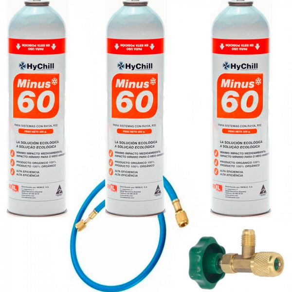 3 Botellas Gas Minus 60 350Gr + Valvula + Manguera Sustituto R32, R410A Freeze Organico