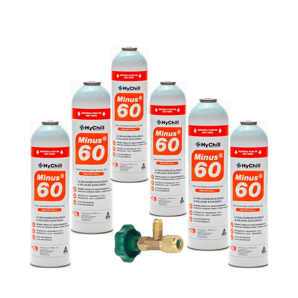 6 Botellas Gas Minus 60 350Gr + Valvula Sustituto R32, R410A Freeze Organico