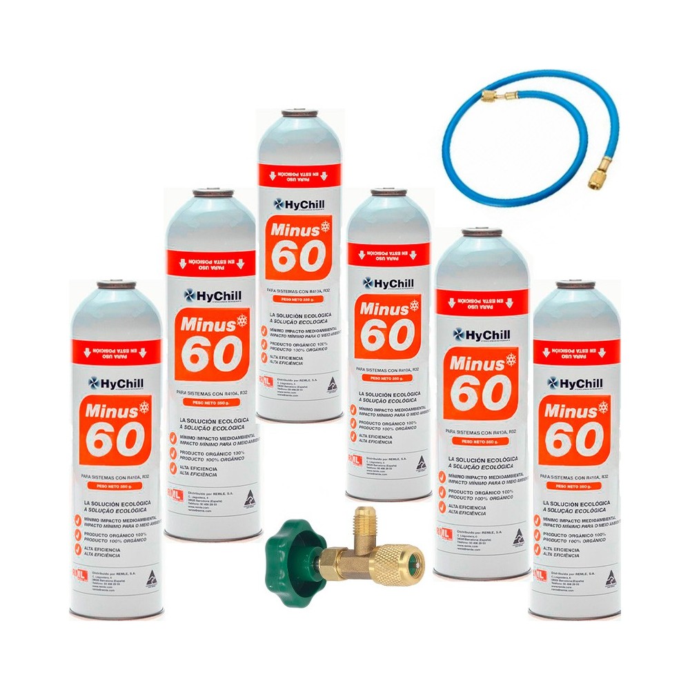 6 Botellas Gas Minus 60 350Gr + Valvula + Manguera Sustituto R32, R410A Freeze Organico