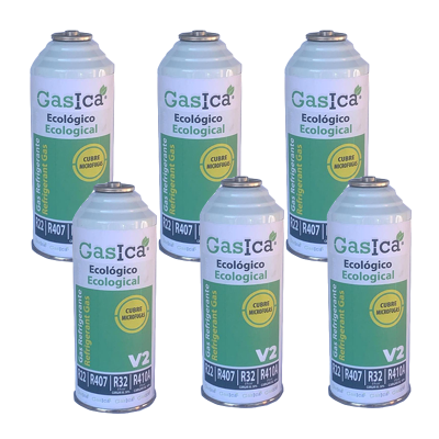 6 Botellas Gas Gasica V2 226Gr Alternativo R22, R32, R407C, R410A Freeze