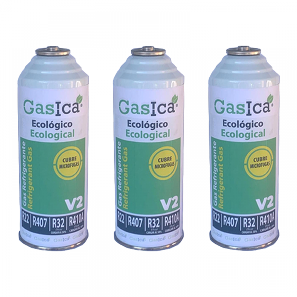 3 Botellas Gas Gasica V2 226Gr Alternativo R22, R32, R407C, R410A Freeze