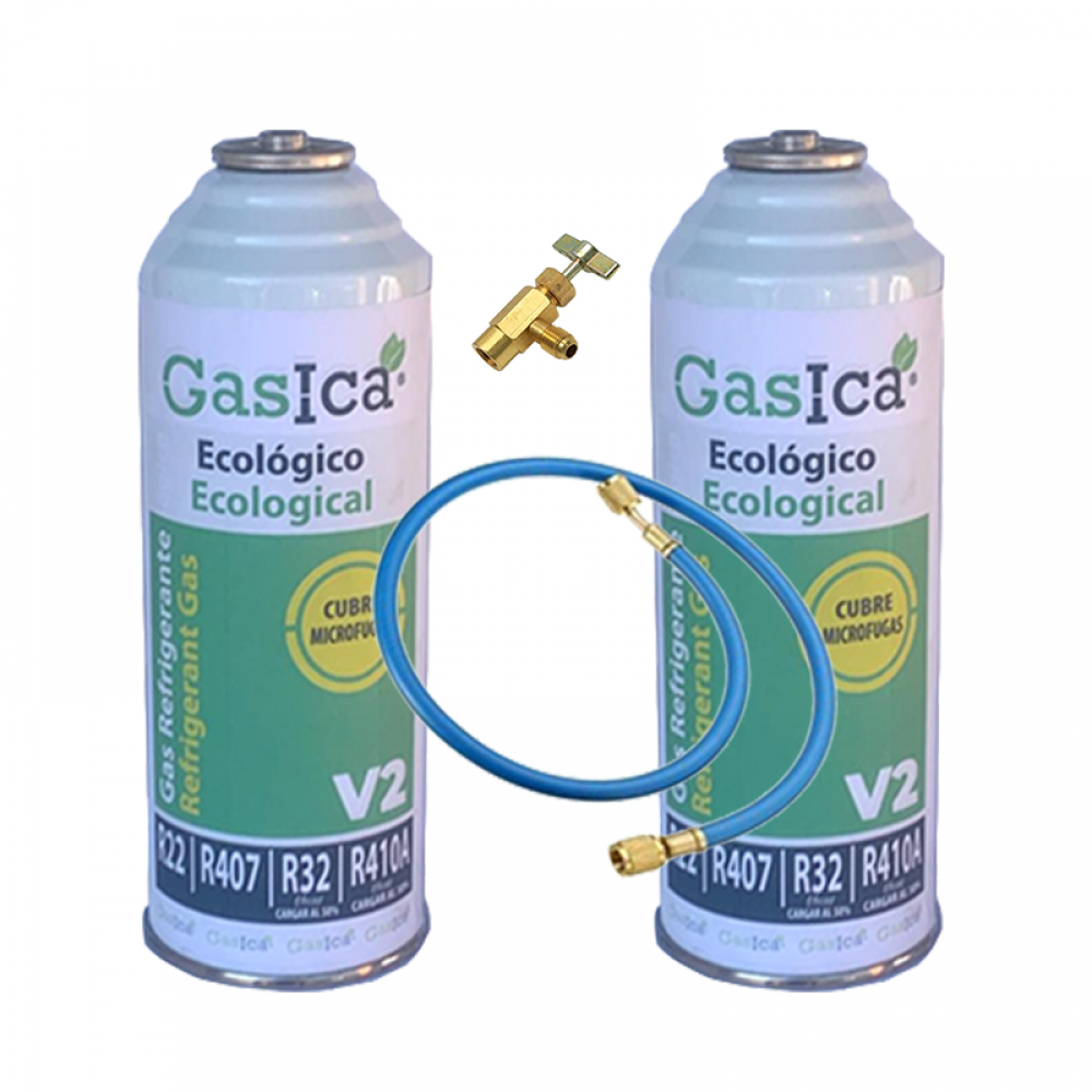 2 Botellas Gas Gasica V2 226Gr + Valvula + Manguera Alternativo R22, R32, R407C, R410A Freeze Organico