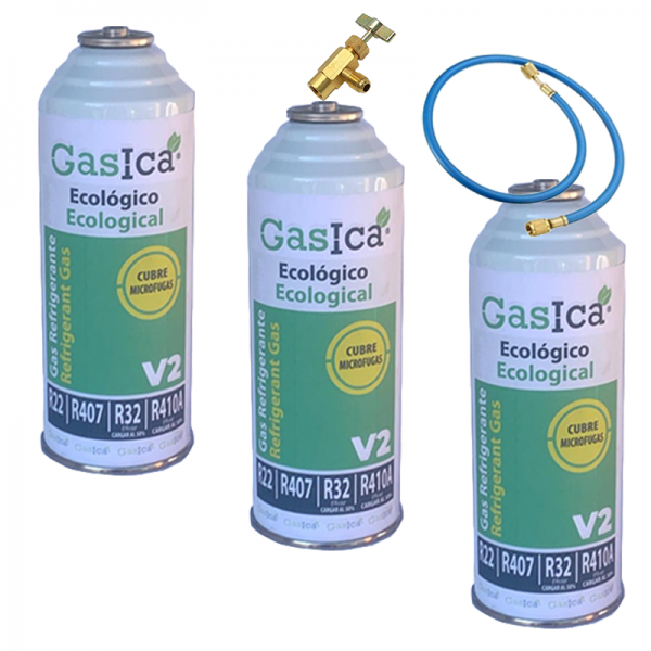 3 Botellas Gas Gasica V2 226Gr + Valvula + Manguera Alternativo R22, R32, R407C, R410A Freeze