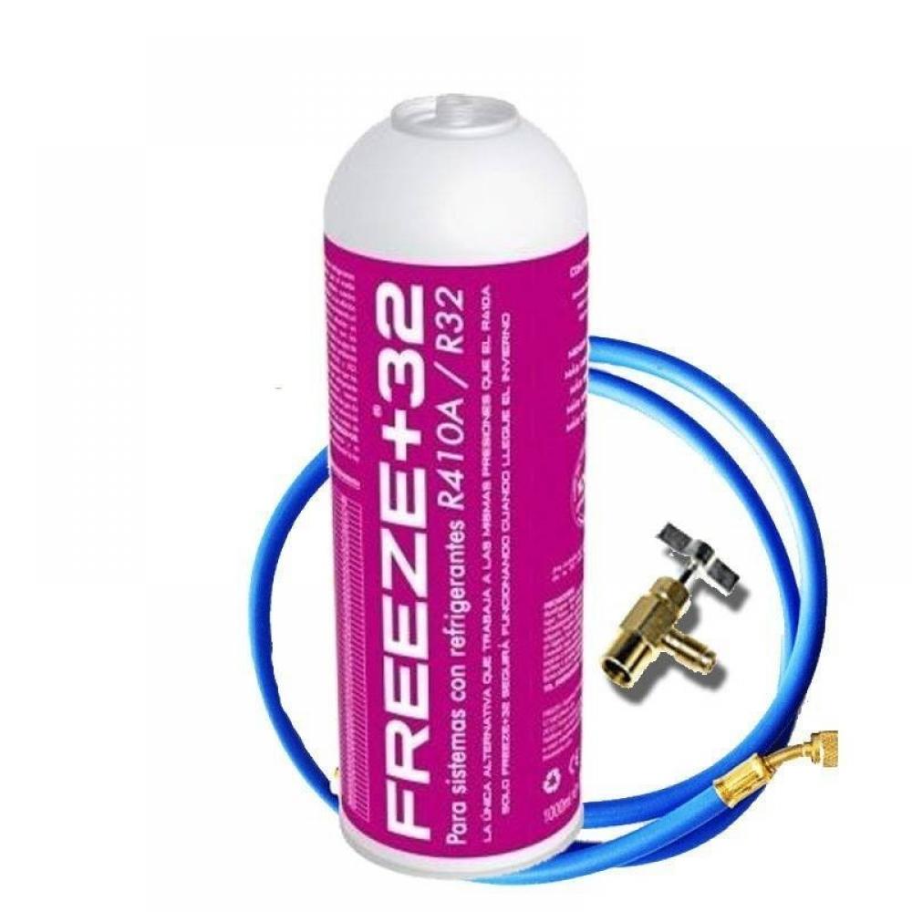 1 Botella Gas Refrigerante Freeze Organico +32 350Gr + Valvula + Manguera Sustituto R32, R410A
