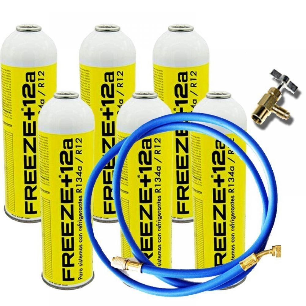 6 Botellas Gas Refrigerante Freeze +12a 420Gr + Valvula + Manguera Organico Sustituto R12, R134A