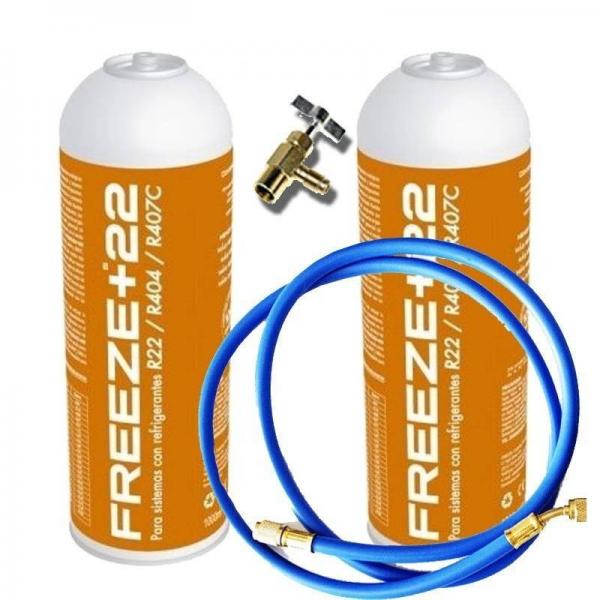 2 Botellas Gas Refrigerante Freeze +22 400Gr + Valvula + Manguera Organico Sustituto R22, R404, R407C