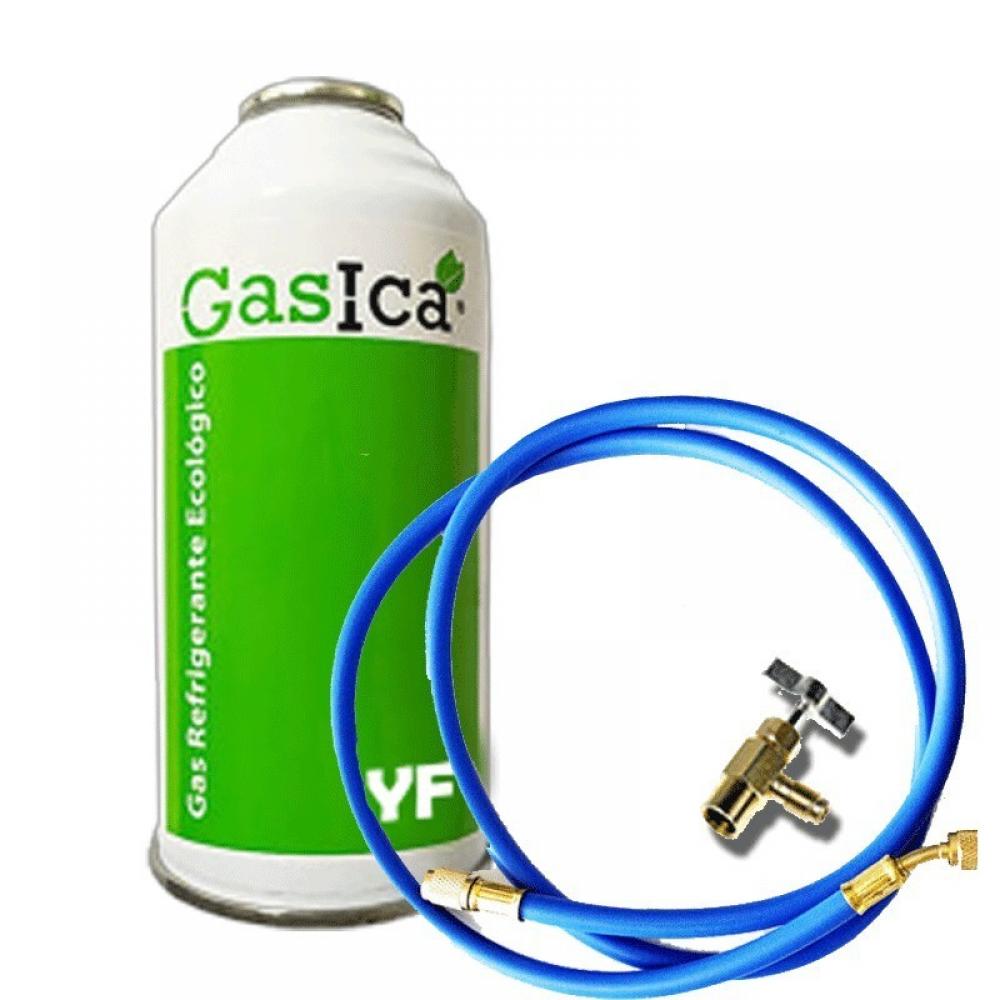 1 Botella Gas Ecologico Gasica YF 226gr + Valvula + Manguera Alternativo R1234YF Freeze Organico