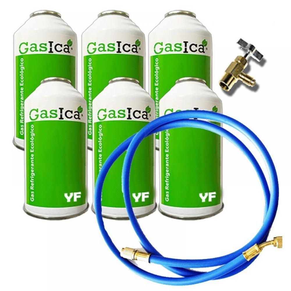 6 Botellas Gas Ecologico Gasica YF 226gr + Valvula + Manguera Alternativo R1234YF Freeze Organico