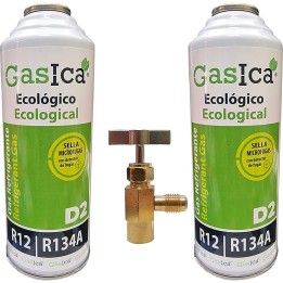 2 Envases Gas Ecologico D2 312G + Valvula Sustituto R12/R134A