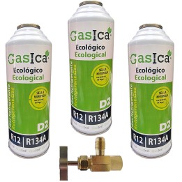 3 Botellas Gas Ecologico D2 312G + Valvula Sustituto R12/R134A