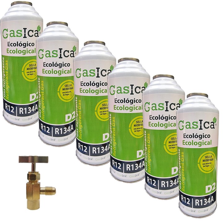 Gas Ecologico 6 Envases D2 312G + Valvula Sustituto R12/R134A