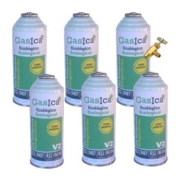 6 Envases Gas Ecologico v2 255Gr + Valvula Sustituto R22/R407C/R410A