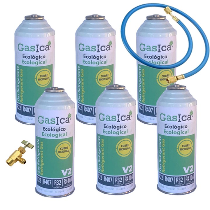 Seis Botellas Gas Ecologico v2 255Gr + Valvula + Manguera Sustituto R22/R407C/R410A