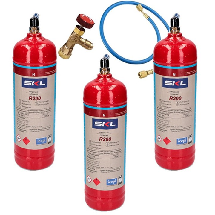 Pack 3 Botellas Gas Refrigerante R290 + Manguera + Valvula 370Gr Propano Envase Desechable